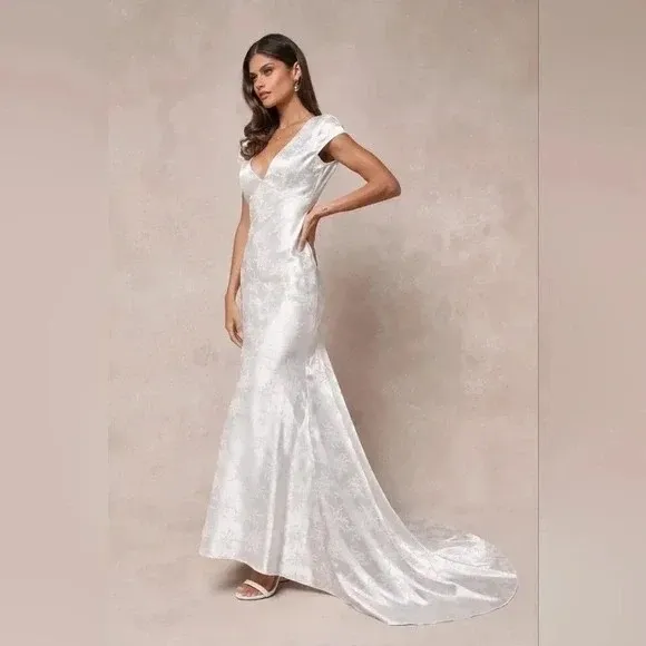 Lulus Loveliest Dream White Satin Jacquard Backless Mermaid Maxi Dress Size L Size L - Image 6