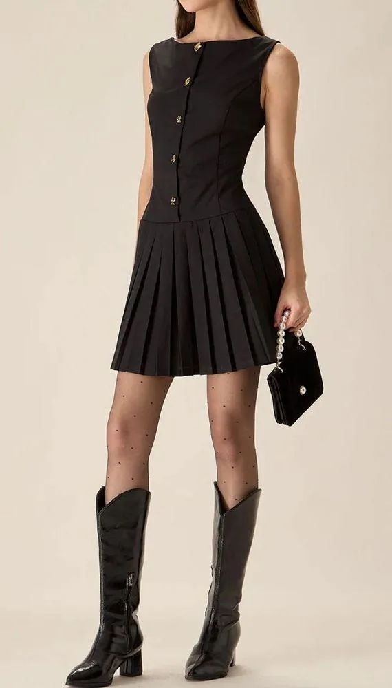 Rihoas Black Boat Neck Pleated Mini Dress - Image 5