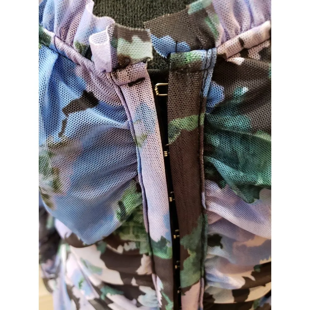 Ruched Floral Bodycon Dress Women Size 14 Purple Blue Mini Ruffle Long Sleeve - Image 7