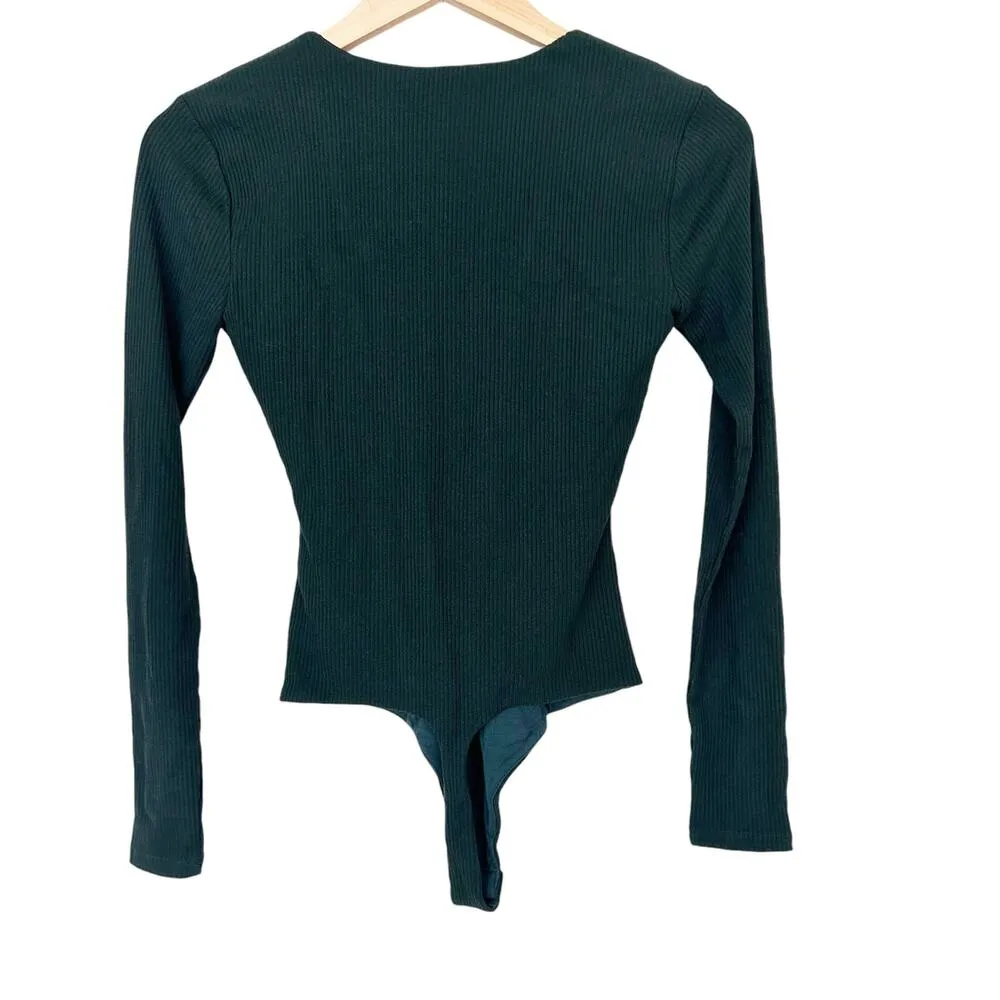 Privacy Please Green Ribbed V Neck Long Sleeve Bodysuit Sz XS - Image 4