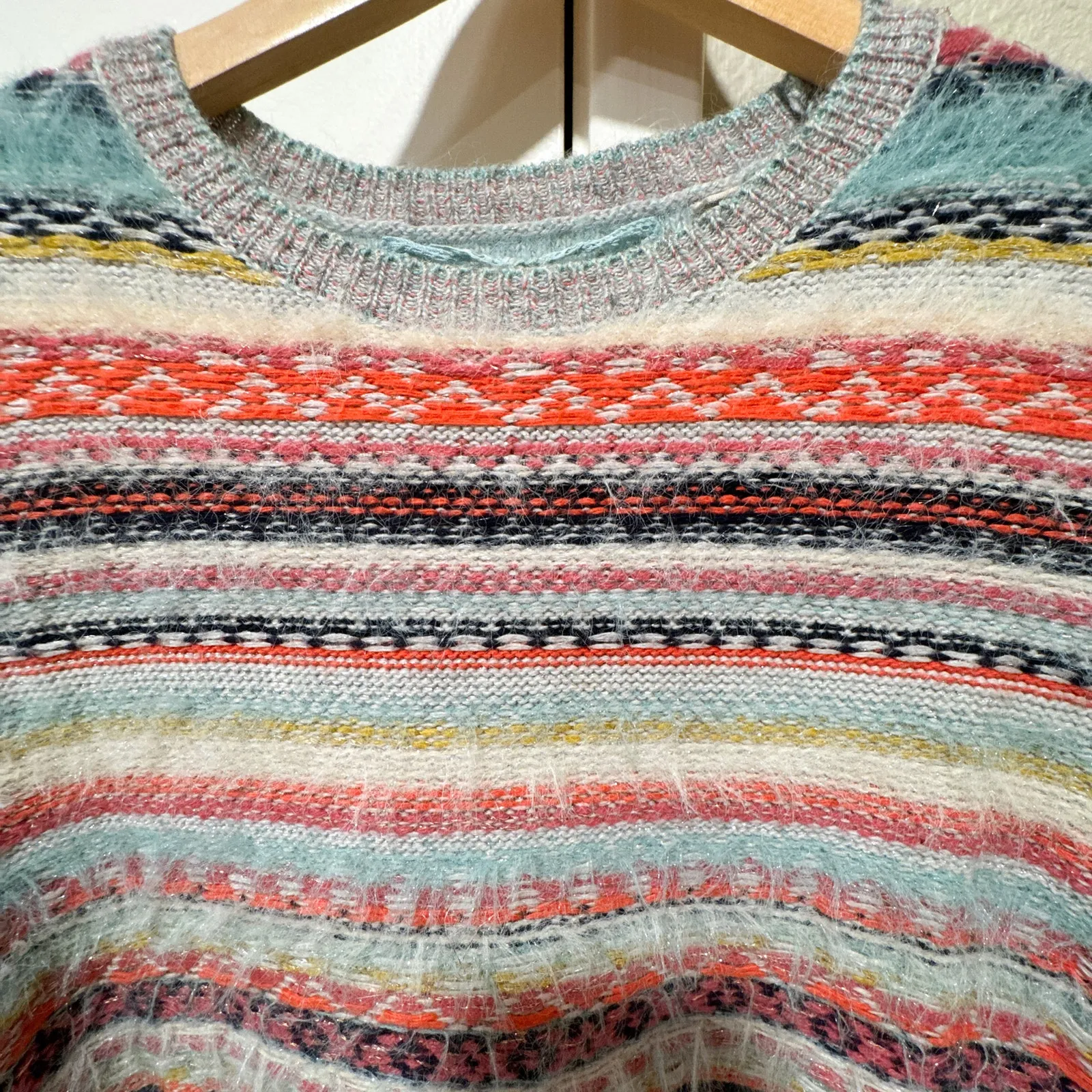 Anthropologie Knitted & Knotted Fuzzy Stripe Eyelash Sweater Pastel Blue Size XS - Image 3