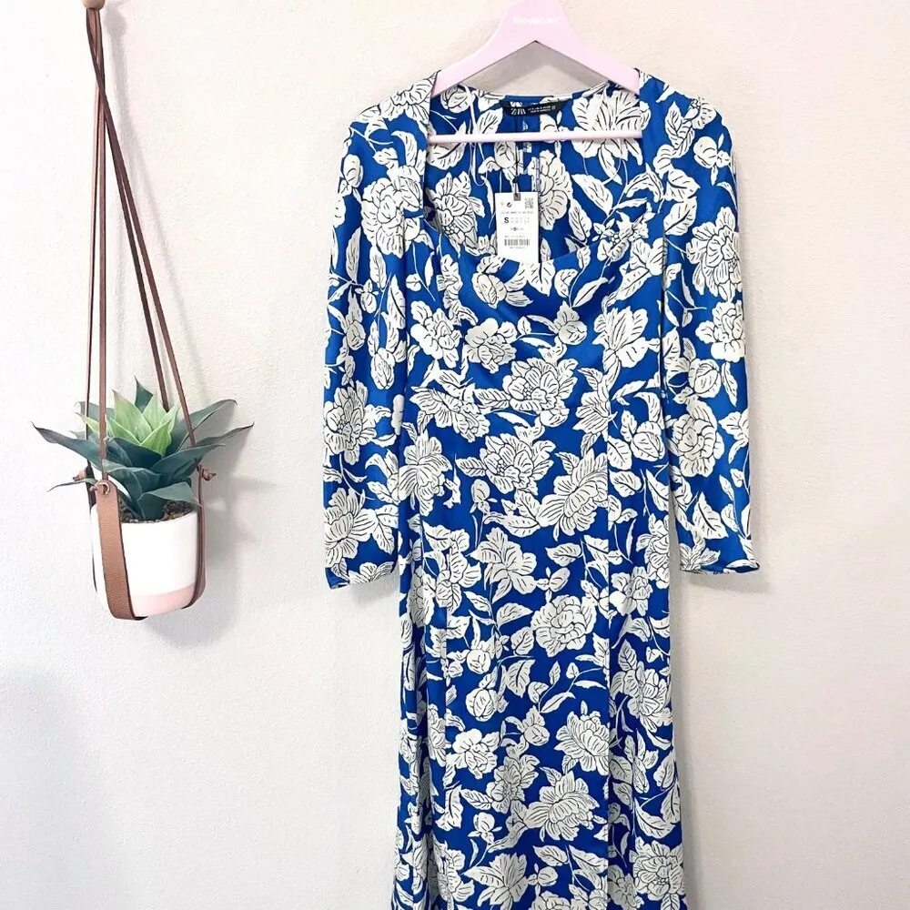 NWT Zara Floral Blue White Square Neck Midi Dress Size S 2311/243/044 - Image 2