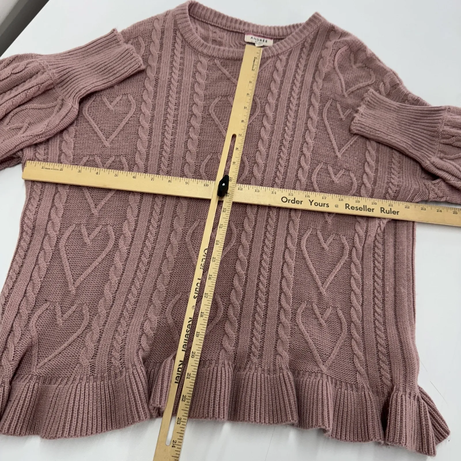 Andrée by Unit Sweater Womens Small Pink Cable Knit Heart Ruffle Hem Pullover‎ - Image 5