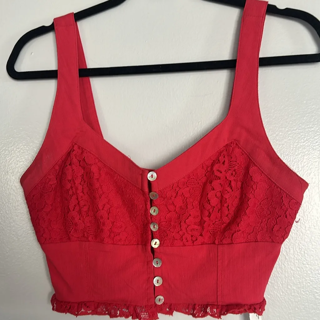 Free People  Pink Button Up Lace Cropped Top - Image 6