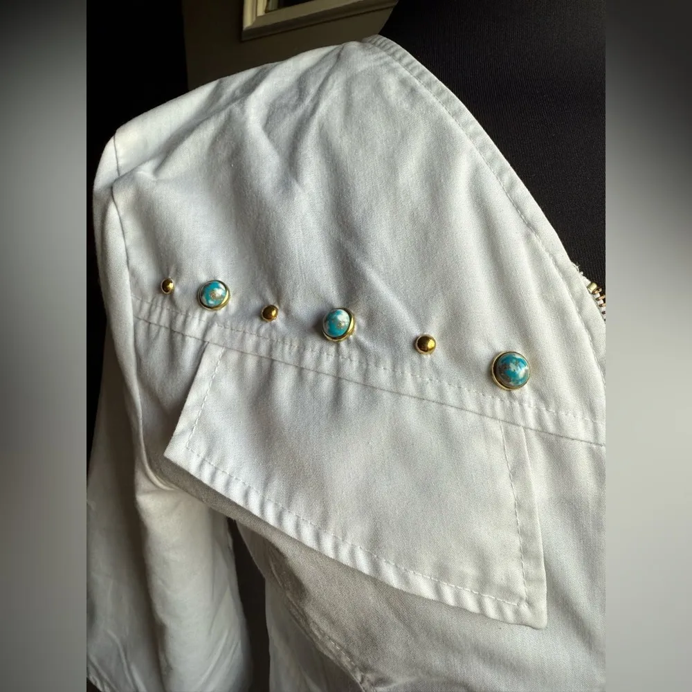 Vintage Luelle zipper front white turquoise beaded western dress, size small - Image 10
