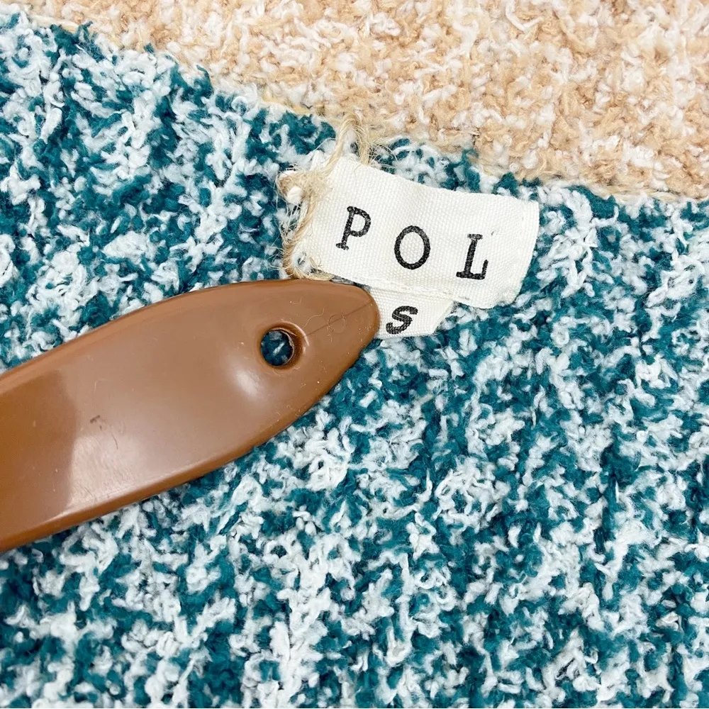 POL Camille V Neck Patchwork Colorblock Distressed Ribbed Cozy Sweater Green Tan - Image 13