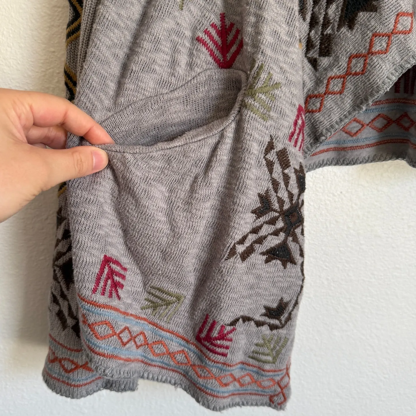 Johnny Was Biya Sz M Embroidered Wrap Knit Cardigan Gray Pockets - Image 5