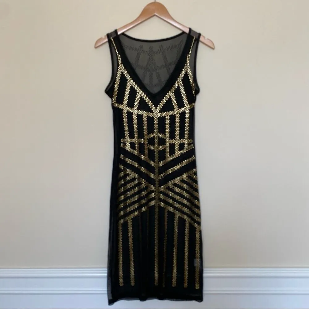 Black and gold sheer mesh V neck sleeveless rhinestone studded mini dress M Size M - Image 2