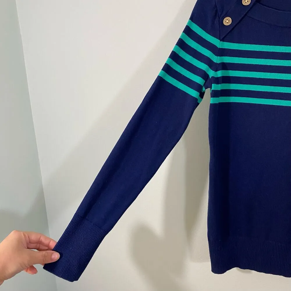 Nautica Navy & Green Striped Square Neck Sweater Size S Coastal Preppy - Image 5
