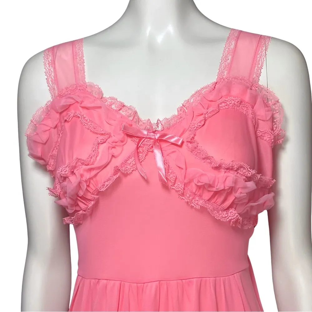 Vintage 70s Pink Coquette Chemise Slip Dress Nightgown. Small. Lace Ruffles Bow - Image 9