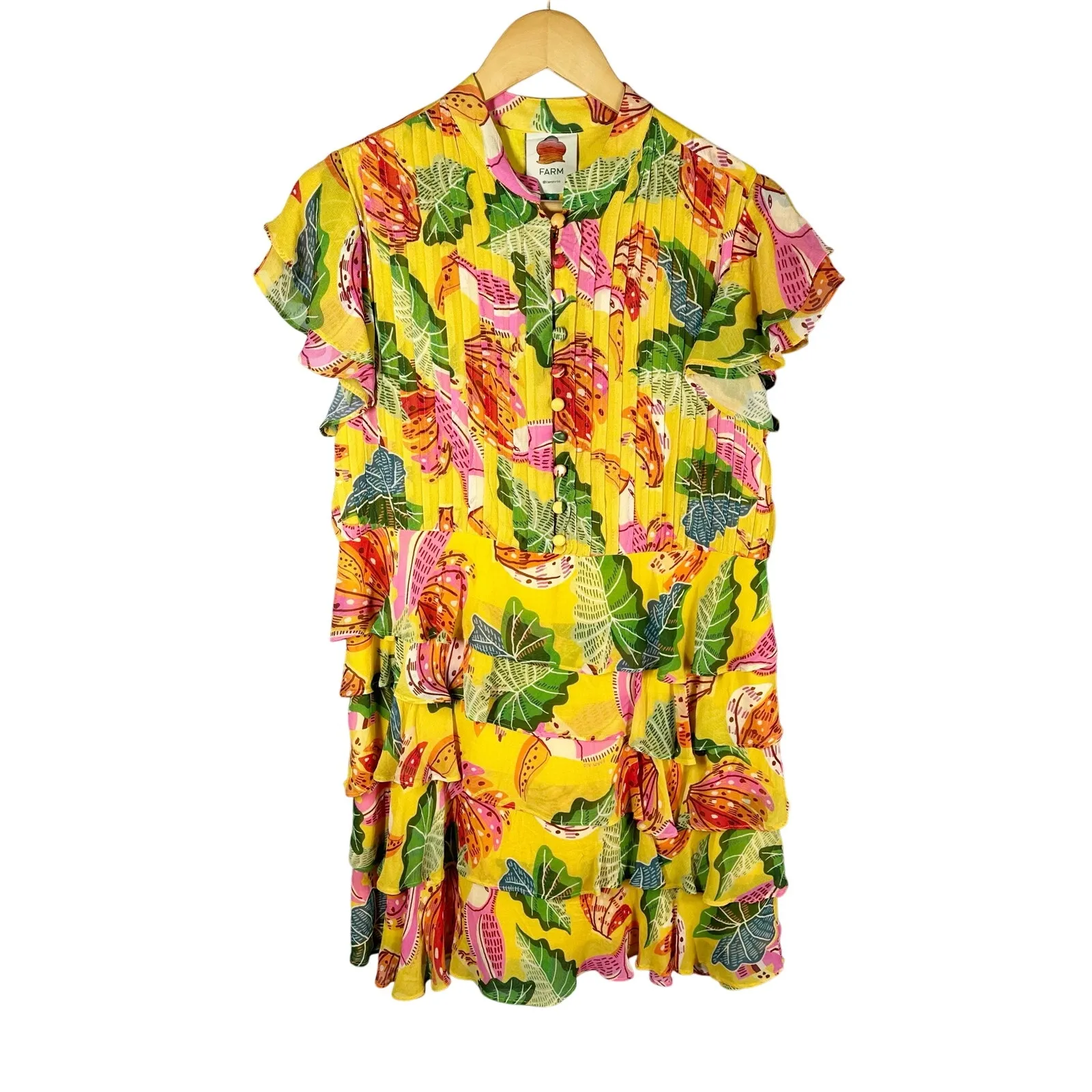 FARM RIO Beaks & Bananas Ruffle Flowy Casual Summer Mini Dress Small - Image 2