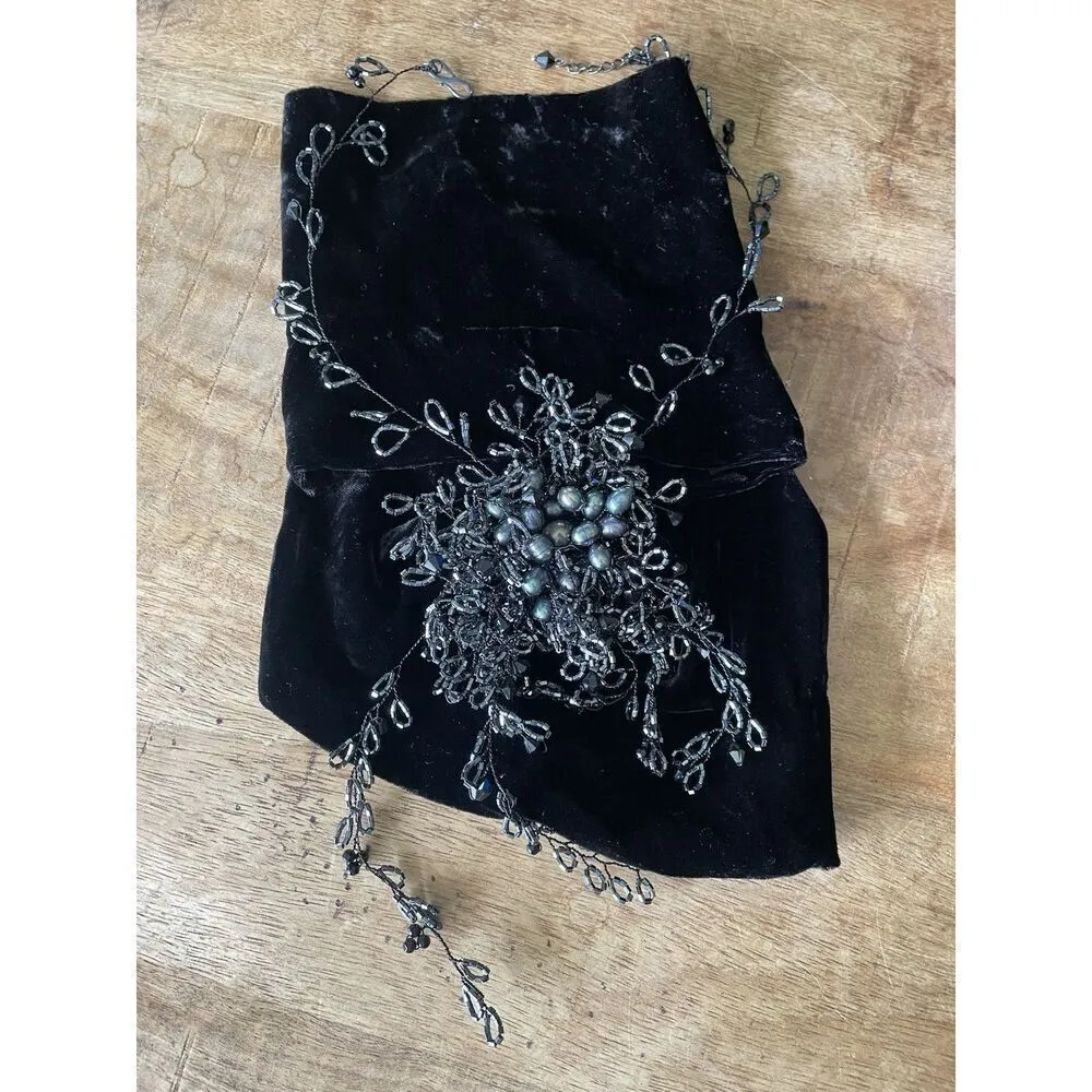 Handmade Black Beaded Necklace | Baroque Pearl Floral Bib | Gothic Wire Choker - Image 2