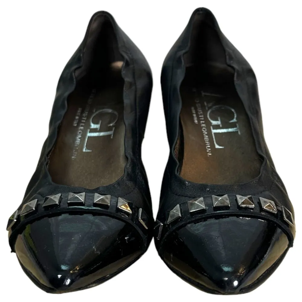AGL Black Leather Chunky Heel Studded Pointed Cap Toe Heels Size 37.5 (US 7) - Image 9