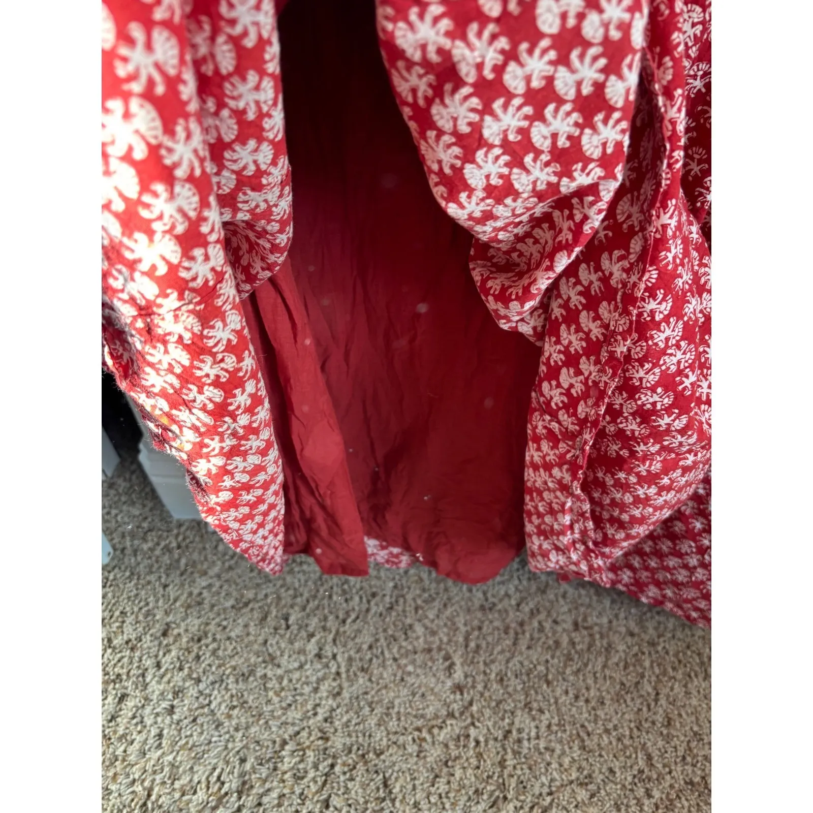 Fabindia Womens Red Block Print Embroidered Cotton Maxi Dress Sz S Boho Flowy - Image 7