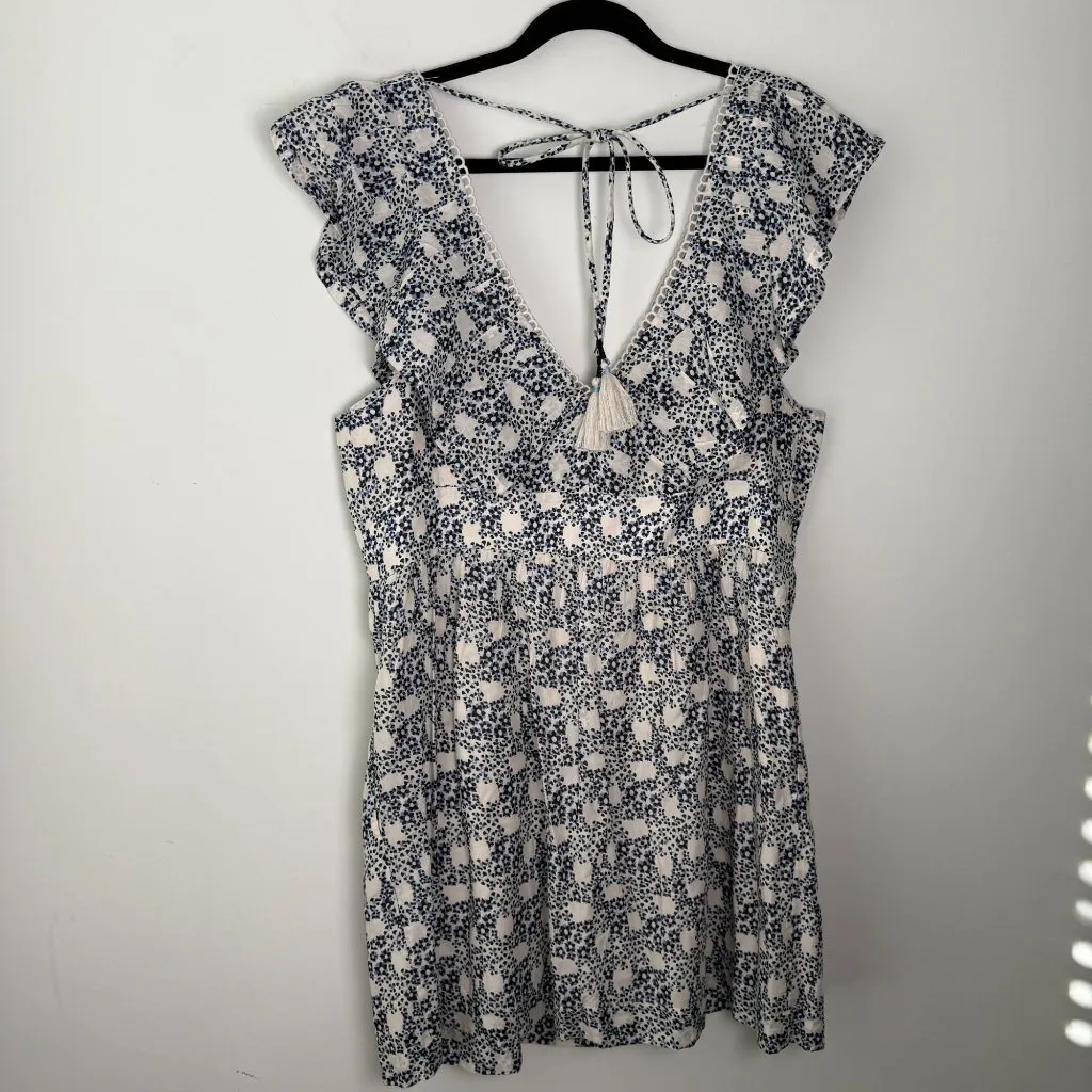 Anthropologie V-Neck Plunge Mini Tunic Dress Blue Cream Size L Garden Party - Image 10