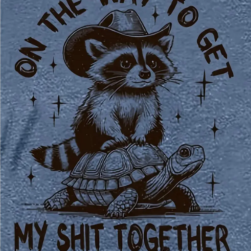 On The Way To Get My Shit Together Raccoon and Turtle Blue Tee size large unisex - Image 2