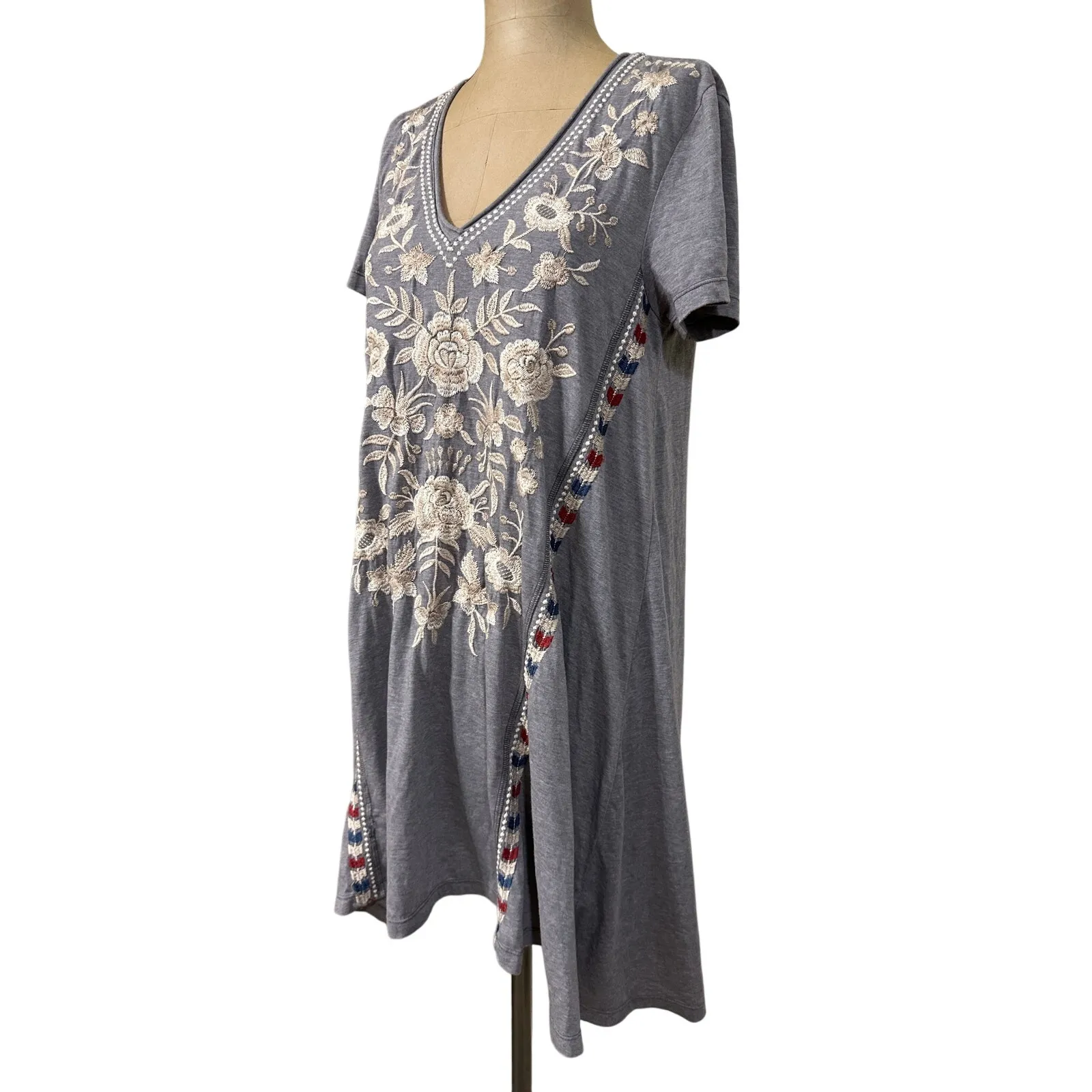 Johnny Was Los Angeles Mini Dress Gray Cotton Jersey Floral Embroidered - Image 4