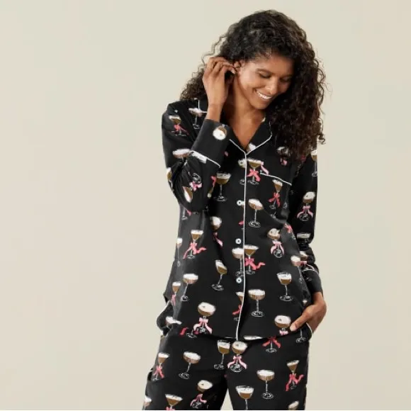 PRINTFRESH & Wine Enthusiast Espresso Martini Cotton Pajama PJ Top Black Medium - Image 1