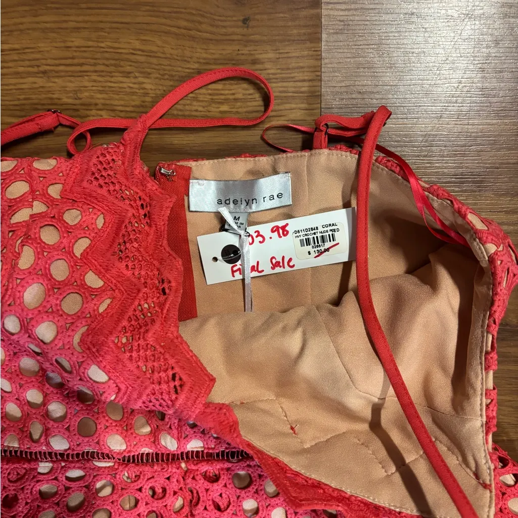 Adelyn Rae Coral Crochet Lace Dress Size M Lined Fit & Flare Sleeveles - Image 3