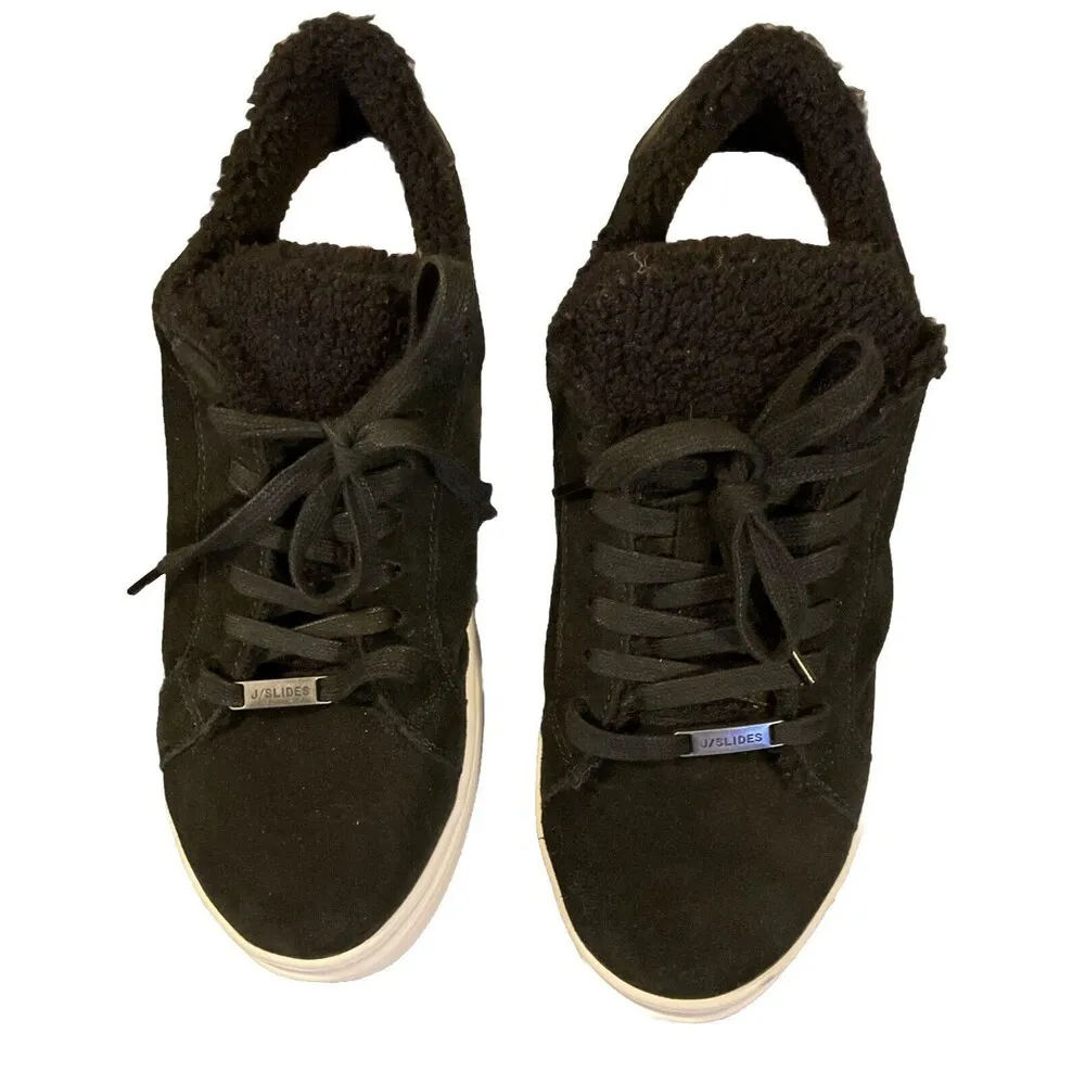 J/Slides Women's Sz 7.5 Suede Leather Platform Sneaker Black White. LSHE173 - Image 6