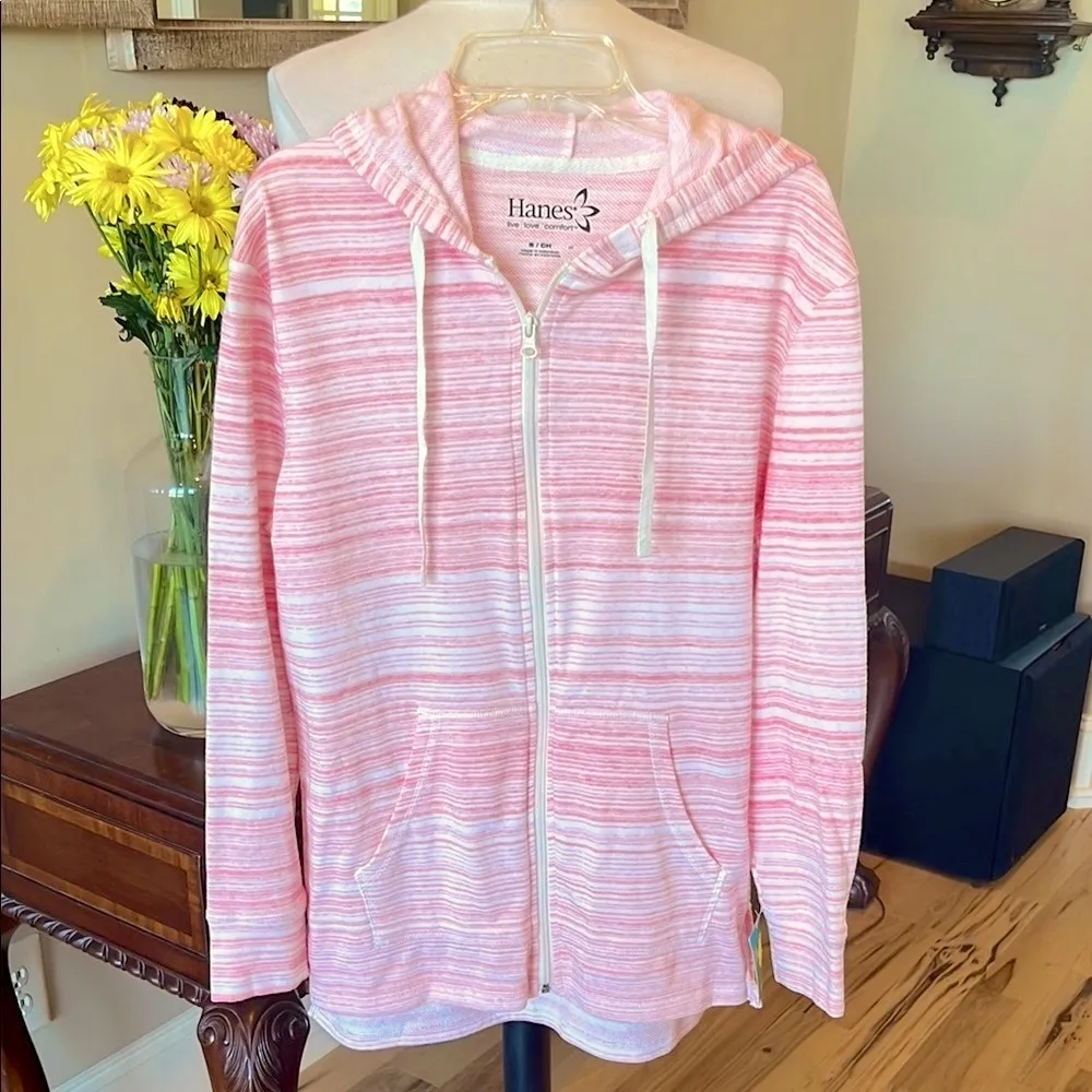 Soft Comfy Pink Striped Jacket Hoodie Oversized Zip Womens Small New - Image 2