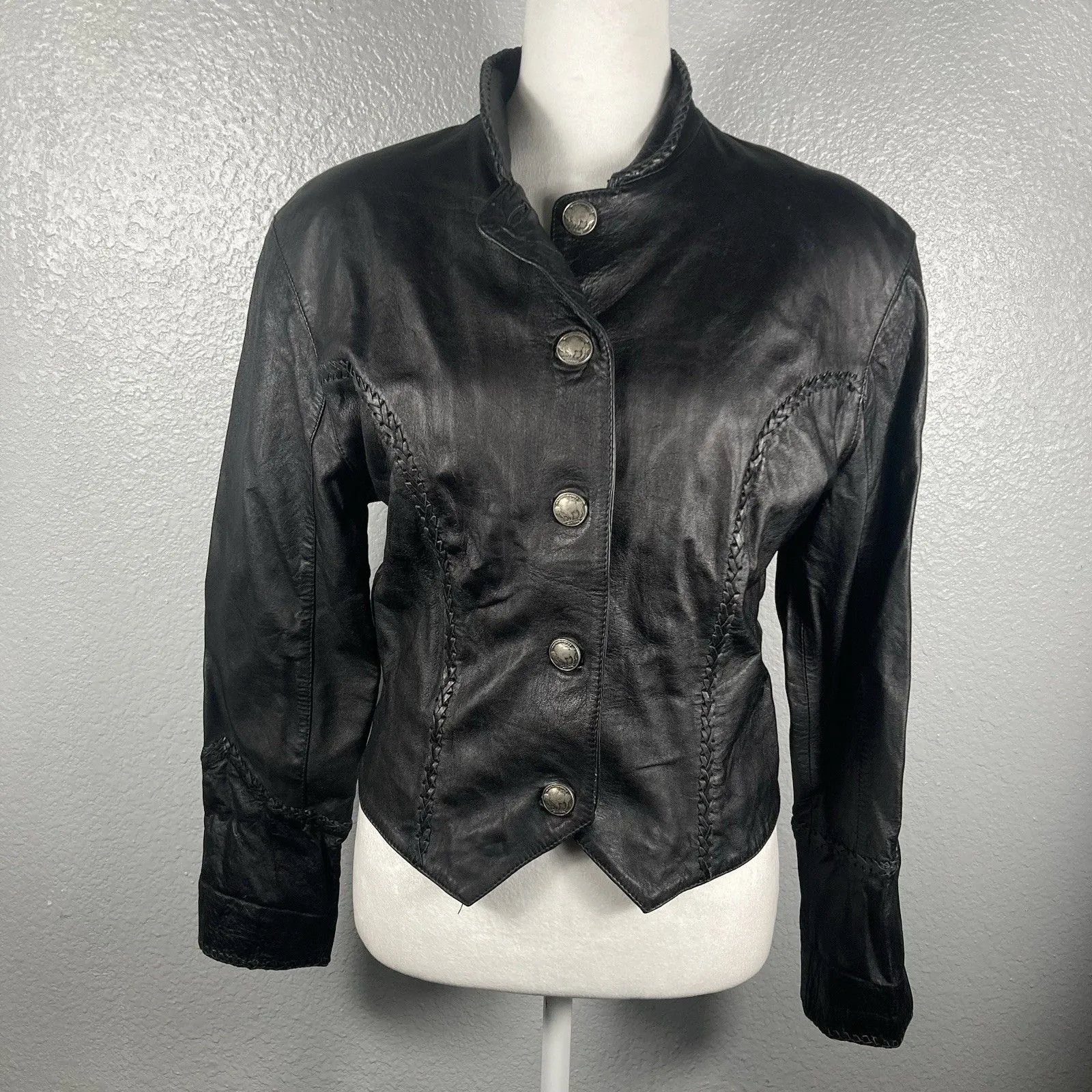 Vintage Black Leather Jacket M Buffalo Nickel Buttons Grunge Goth Street 80s 90s Size M - Image 11