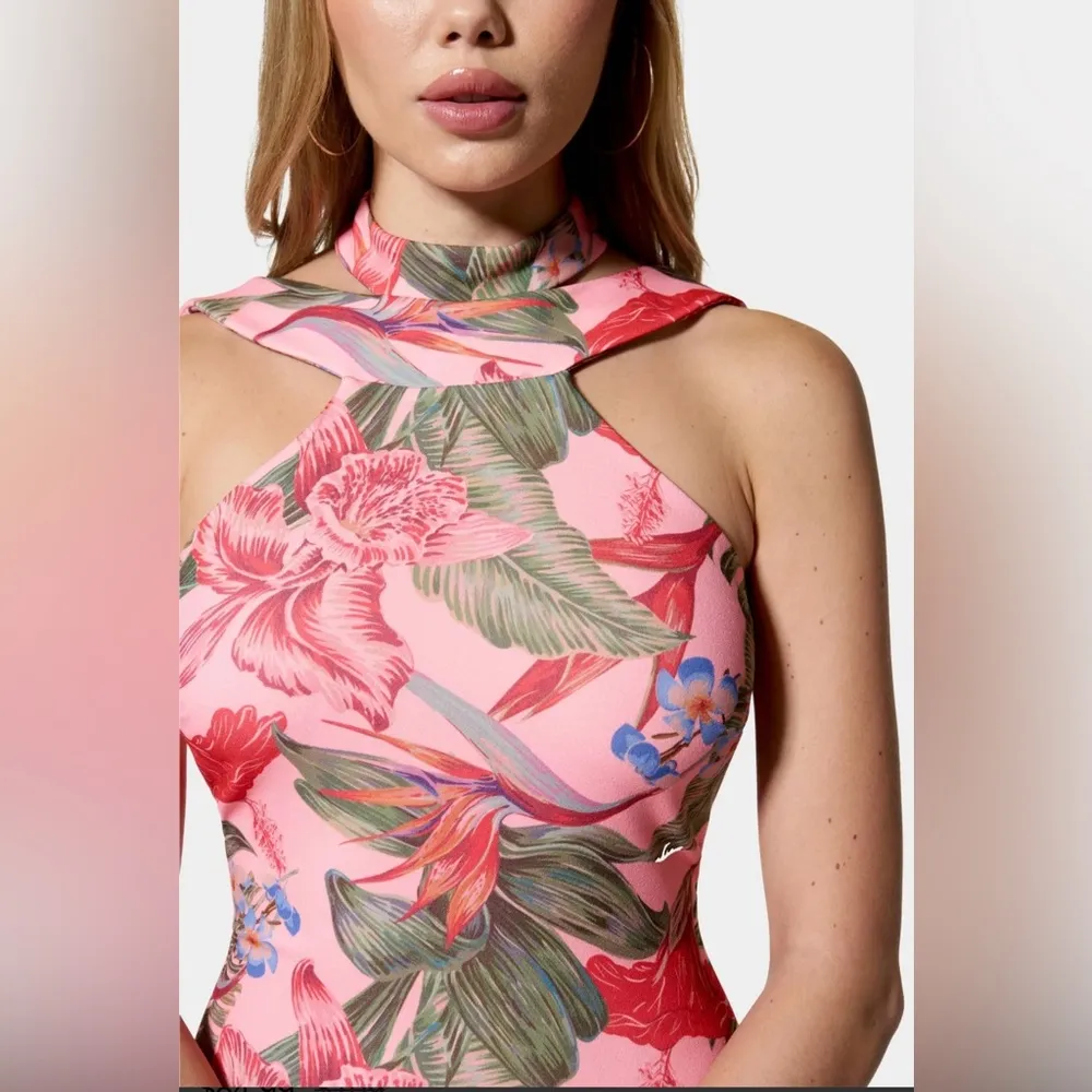 NWT BEBE Bodycon Halter Pink Tropical Dress Size L - Image 5