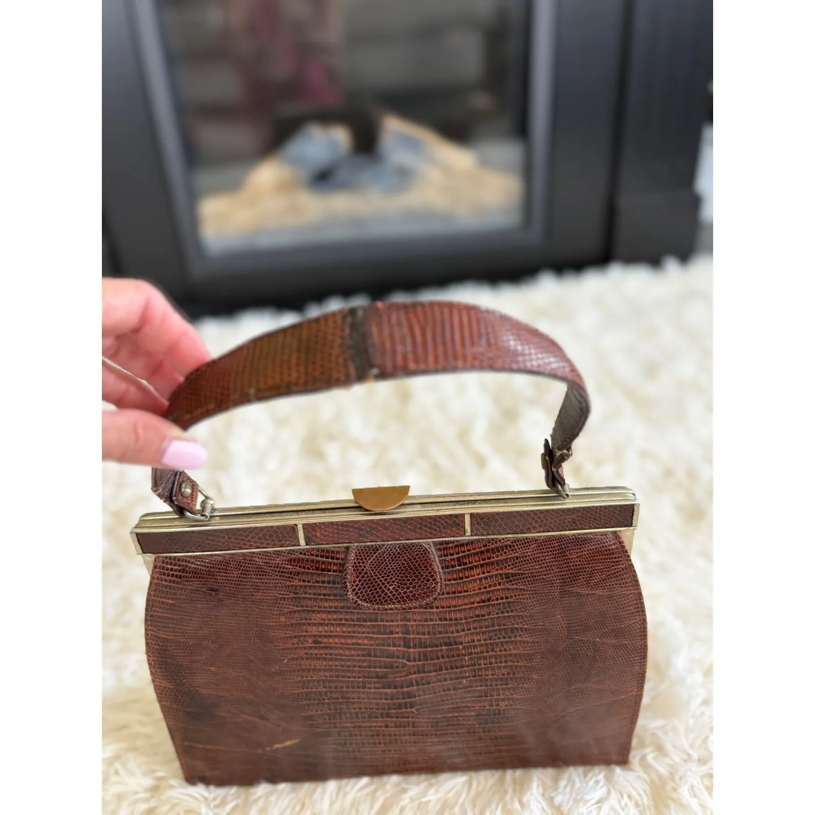 1950s Lesco Lona Brown Reptile Top‎ Handle Handbag, Vintage Purse, Mid Century - Image 4