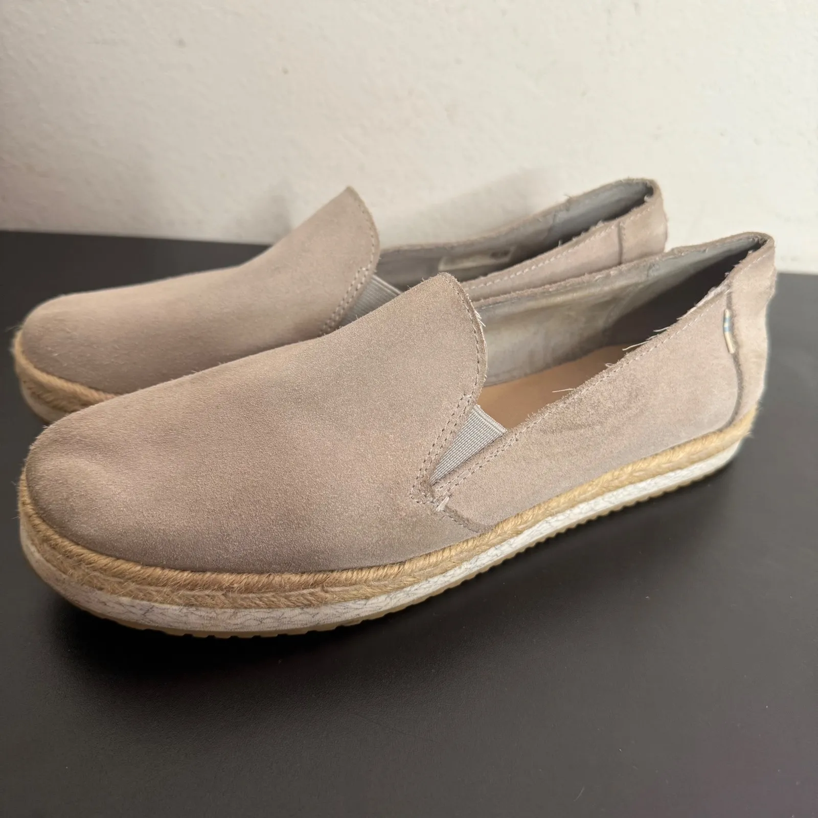 TOMS Espadrilles Women's 10 Gray Suede Leather Palma Slip On Shoes Jute Platform - Image 12