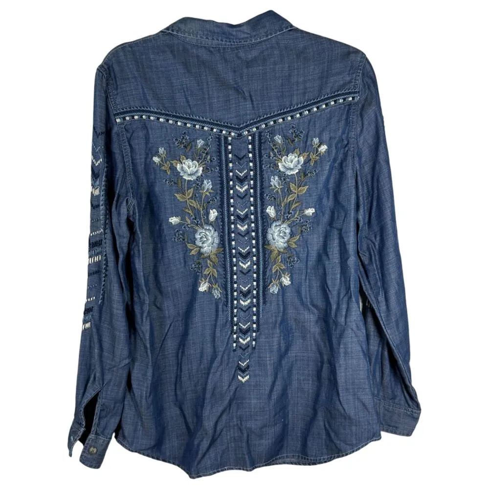 Driftwood Embroidered Button Chambray Denim Lana Shirt Ocean Dusk Size Medium - Image 7