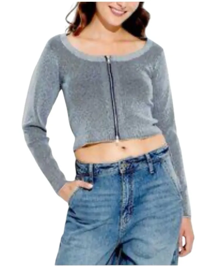 Wild Fable Striped Blue and White Zip-Up Cardigan Medium Cropped Ribbed Fitted - Image 1