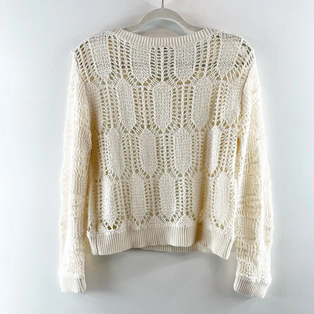Free People Cotton Crochet Long Sleeve Crewneck Sweater Ivory Large - Image 8