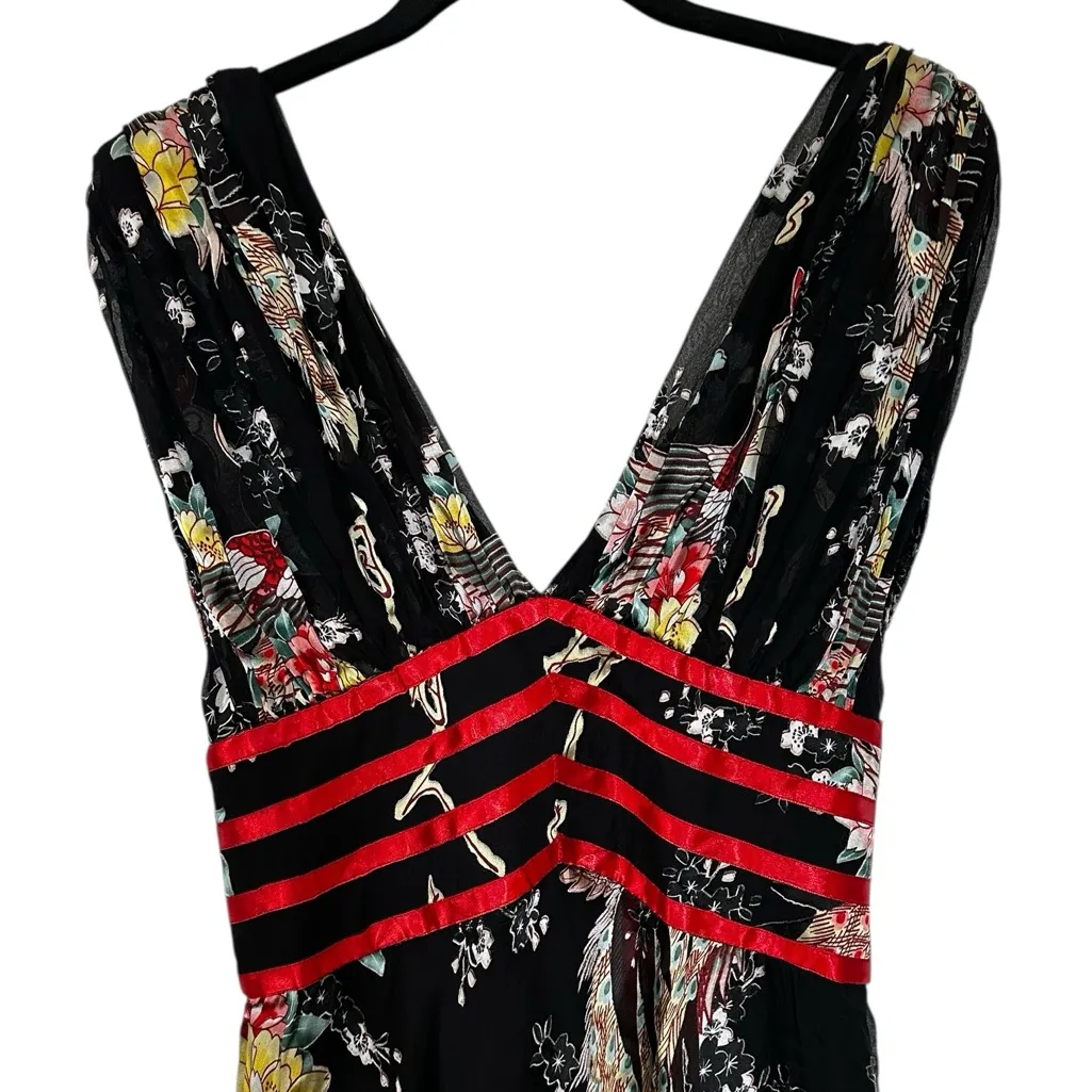 Vintage Silk Floral Peacock Burnout Empire Waist Dress Y2K WhimsiGoth Size S Black - Image 2