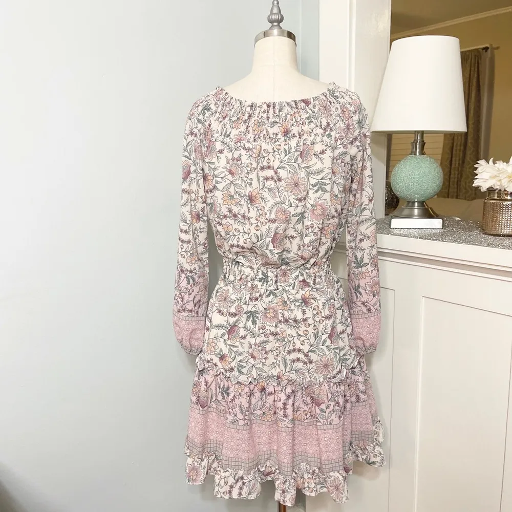 LOVESTITCH Pink Floral Ruffle Off Shoulder Boho Mini Dress Small Nwt - Image 9