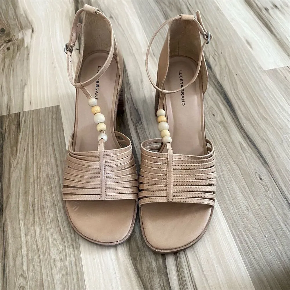 Lucky Brand Women's Beaded T-Strap Heeled Sandals tan  Size 10 - Image 3