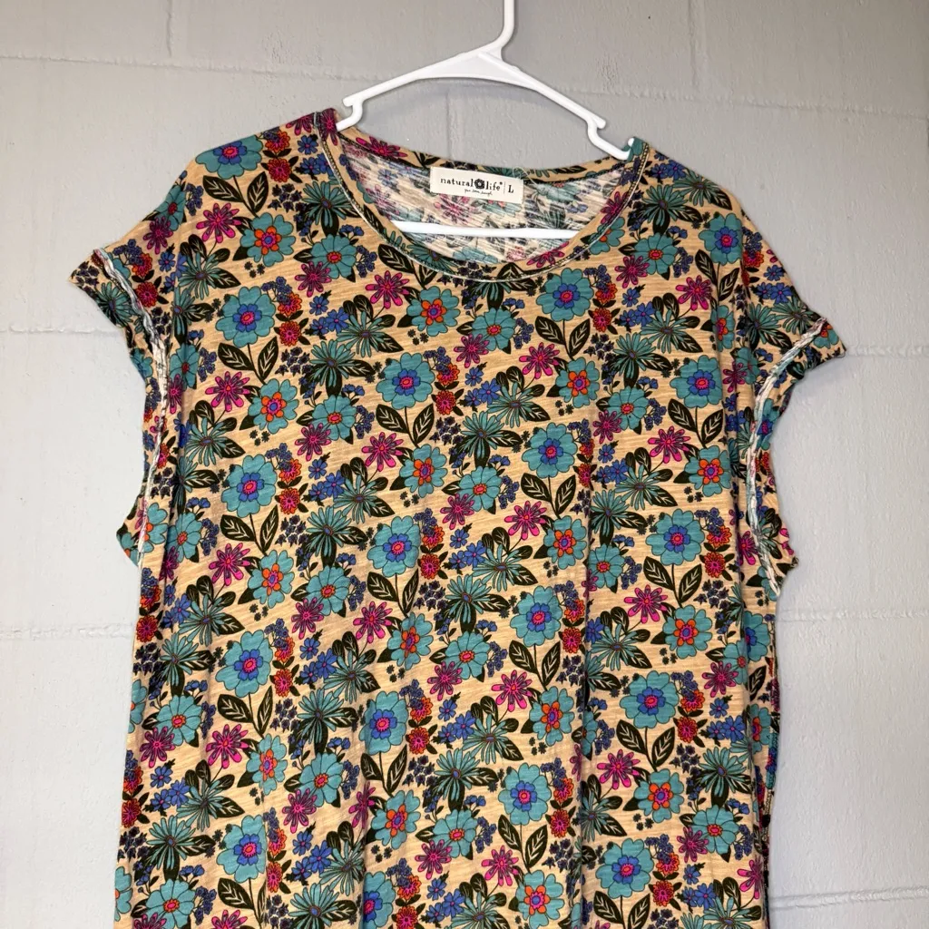 Natural Life Floral Printed 100% Cotton Tee Midi Dress Women’s Size Large Boho - Image 2