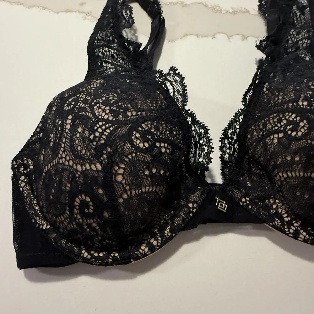 Third Love Black & Nude 30D Lace Contour Plunge Bra Underwire Removable Push - Image 9