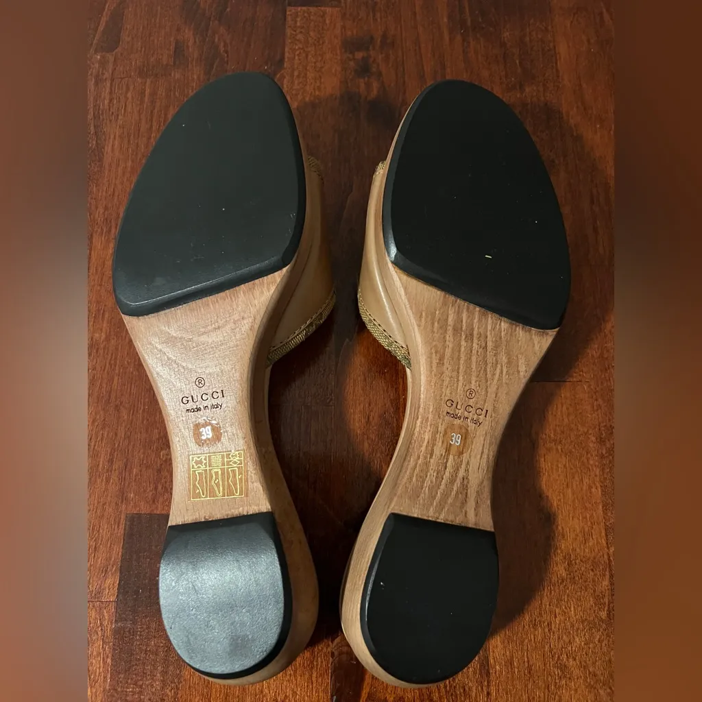 GUCCI GG Monogram Vintage Canvas Wood Slides Mules Box Dust Bag 39 Brown Tan Y2K - Image 6