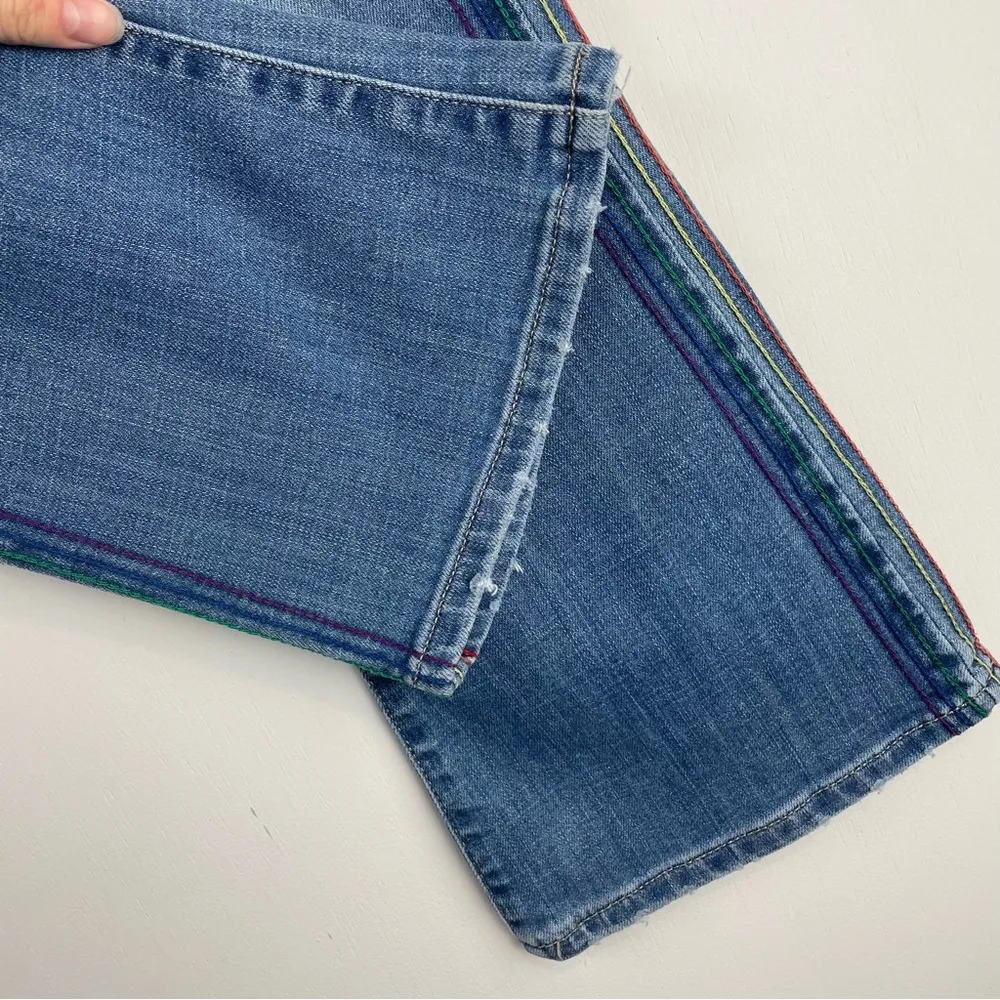Vtg Y2K Lee Button Fly Bootcut Jeans Rainbow Stitching Sz 2 - Image 11