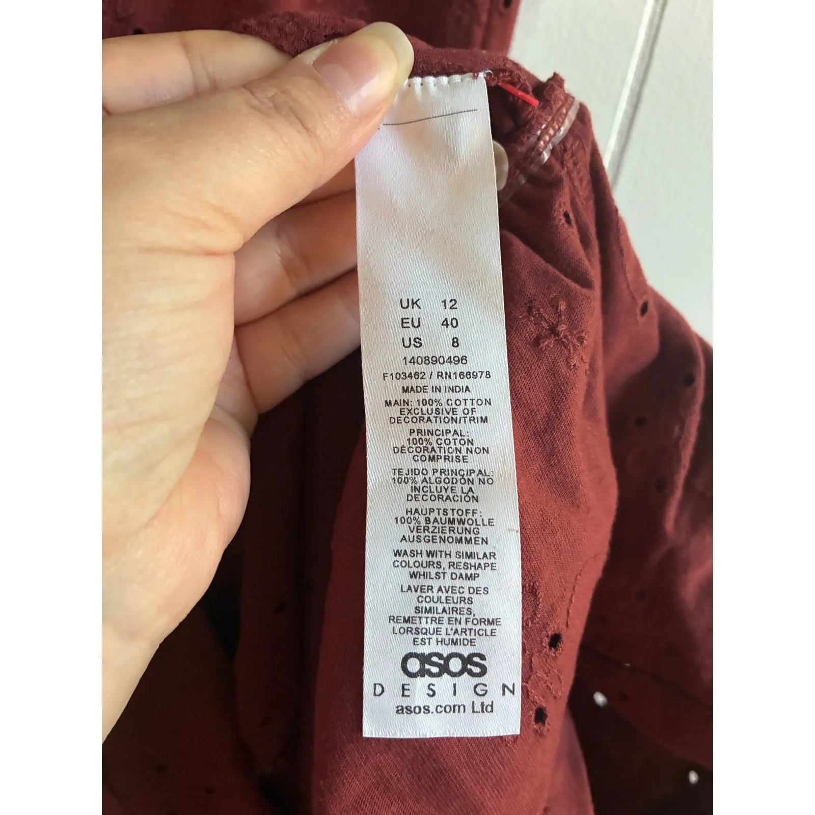 NWT ASOS DESIGN Rust Brown Eyelet Smocked Midi Dress Tiered Ruffle V Neck size 8 - Image 6