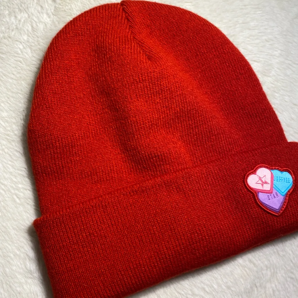 Jeffree Star Red Candy Heart Knit Beanie EUC - Image 3