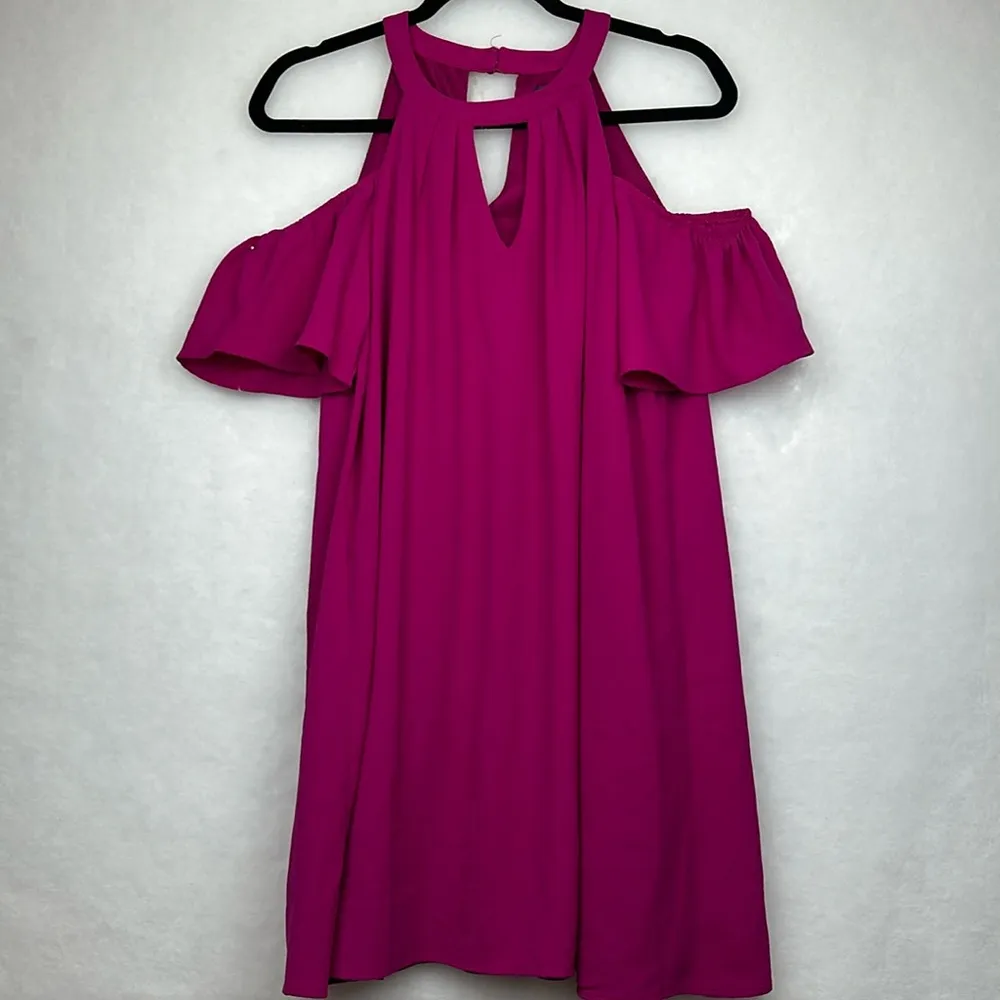 Lily Rose Mauve Berry Purple Chiffon Halter Trapeze Dress Cold Shoulder Sz L - Image 3