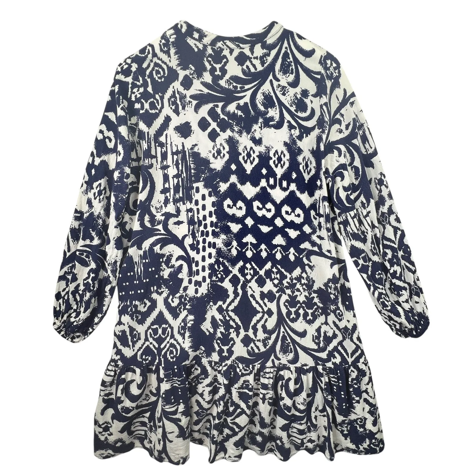 Zara Printed Tunic Mini Dress Blue White L Bohemian Peasant Long Sleeve Flowy - Image 4
