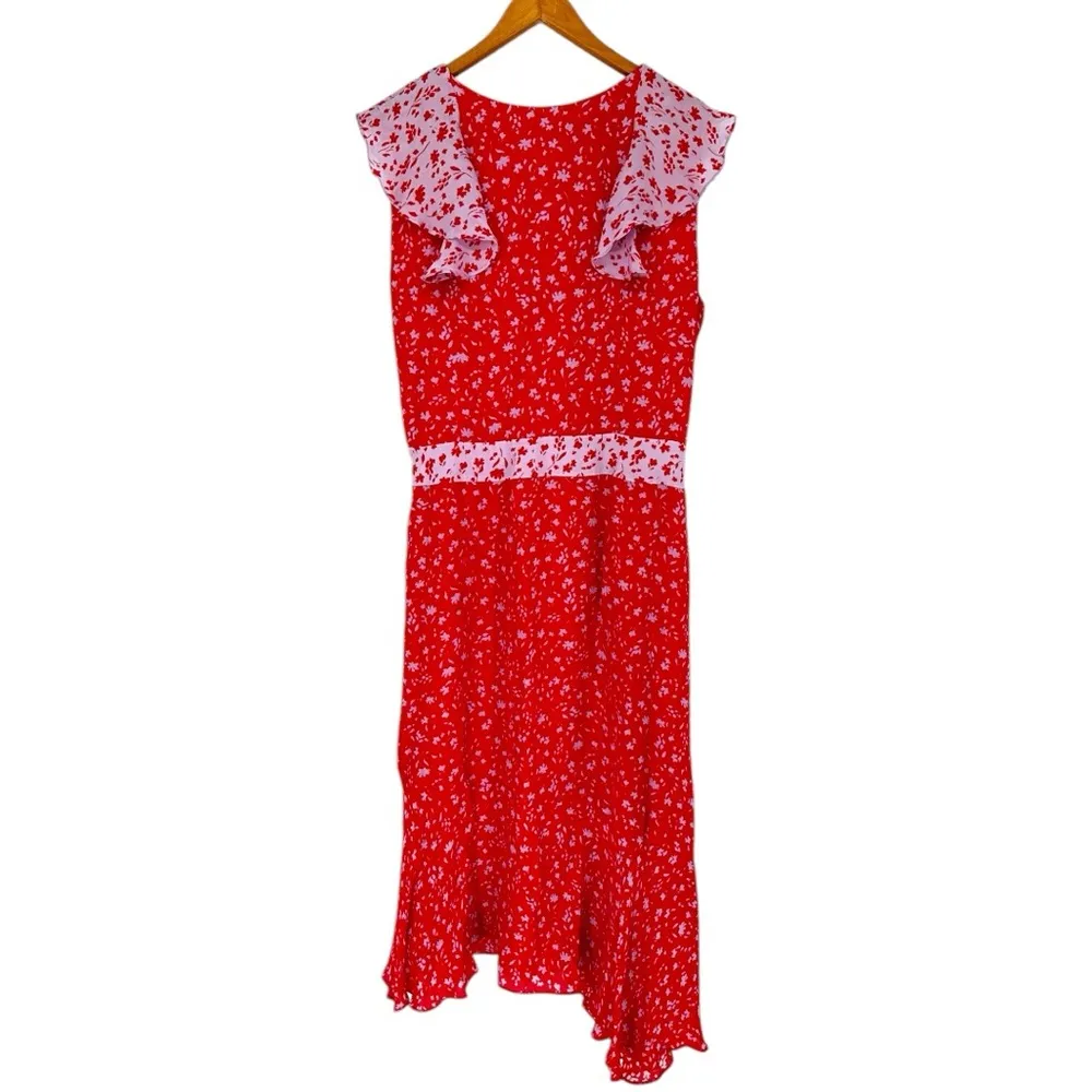 Parker Jennifer Combo Dress Silk Blend Asymmetrical Hem Midi Red Pink Floral 18 - Image 9