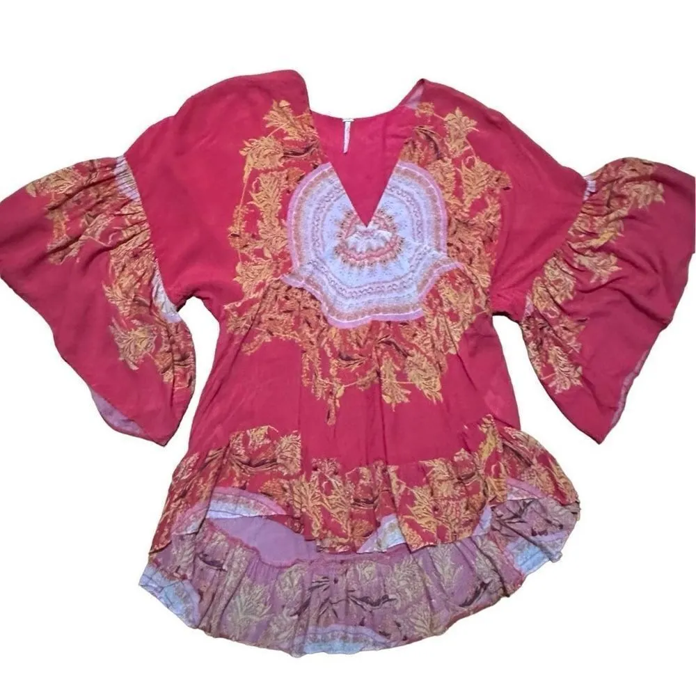 Free People Sunset Dreams printed flare sleeve blouse sz Small red - Image 9