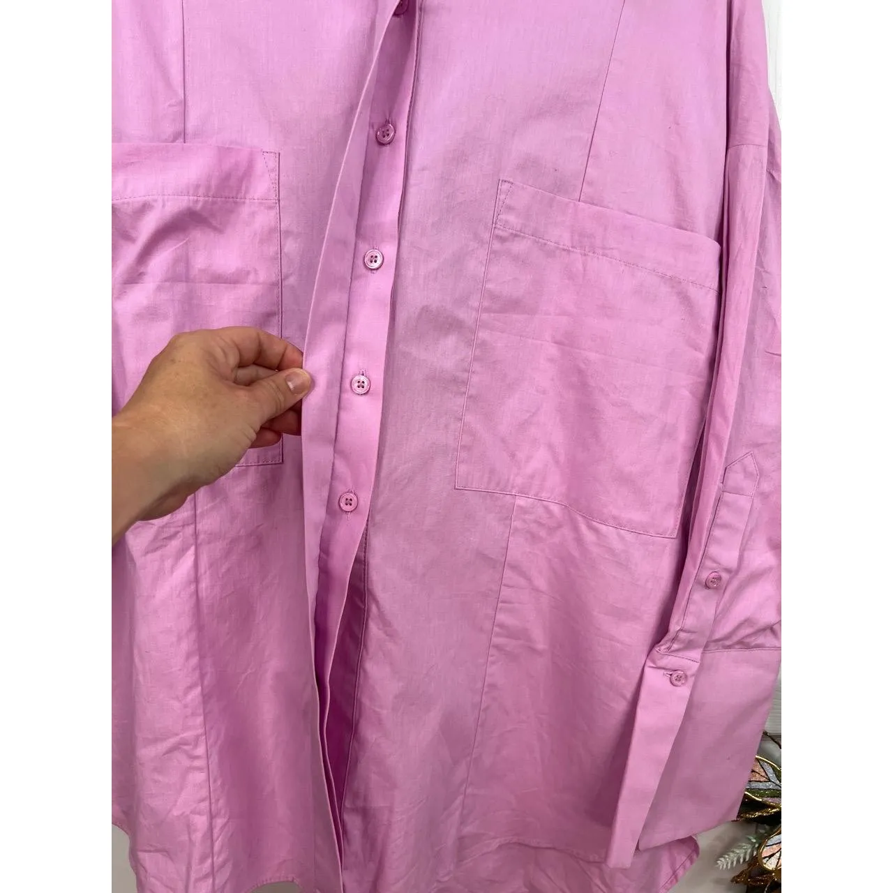 Topshop Shirt Oversized Sz US S 4-6 Pink Collared Long Sleeve Split Back Cotton - Image 7