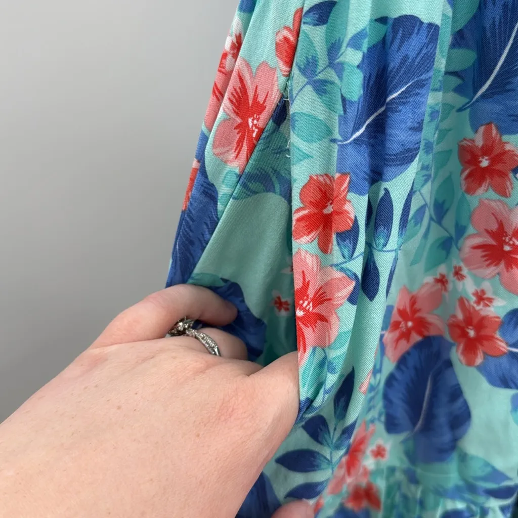 Children’s‎ Place Floral Midi Dress Women's Size Medium Blue Red Cold Shoulder - Image 6