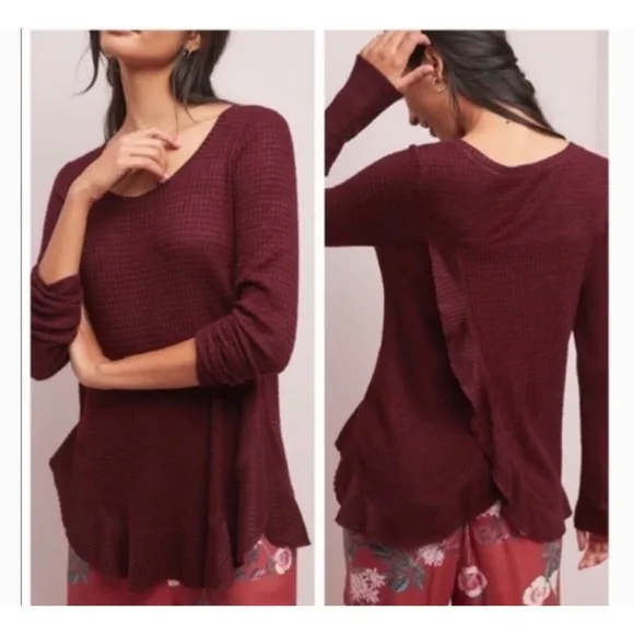 Anthropologie Saturday Sunday Burgundy Wine Waffle Knit Thermal Shirt Size XS - Image 2
