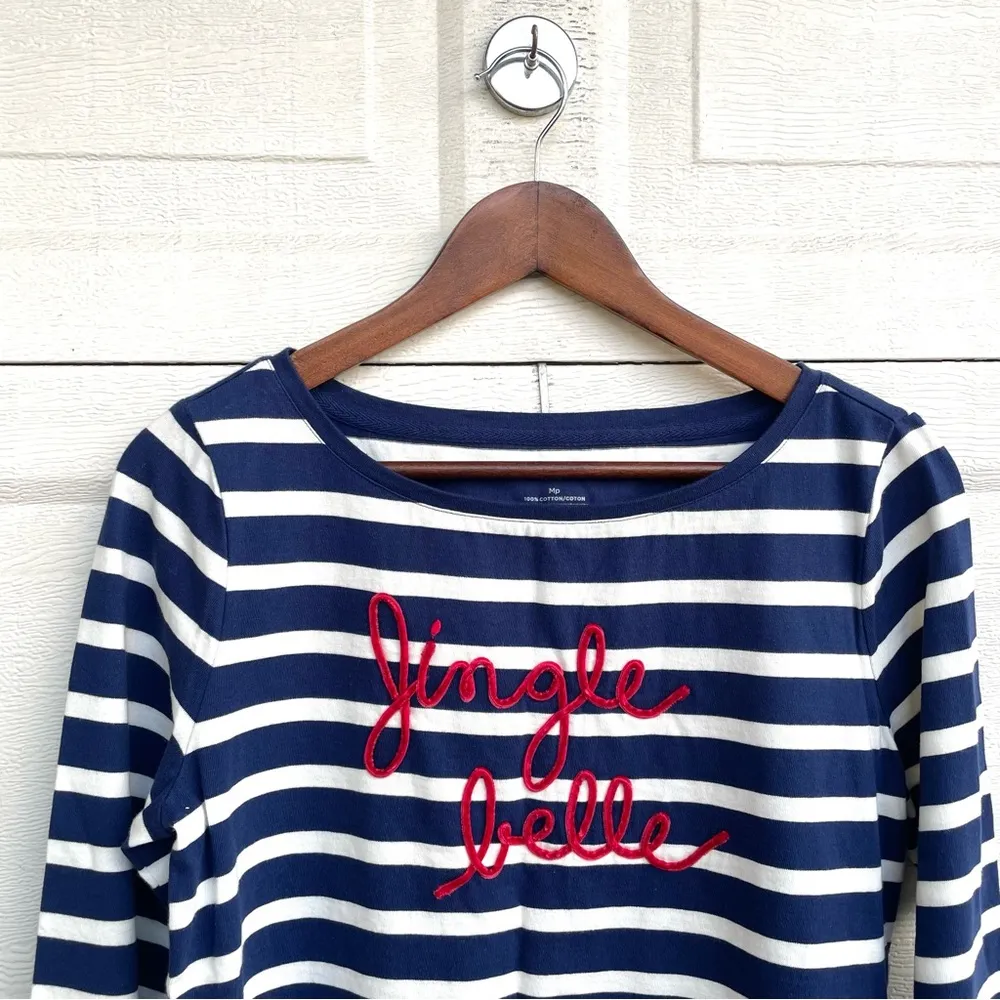 Talbots Womens Shirt Blue White Striped Jingle Belle Red Velvet Medium Petite - Image 4