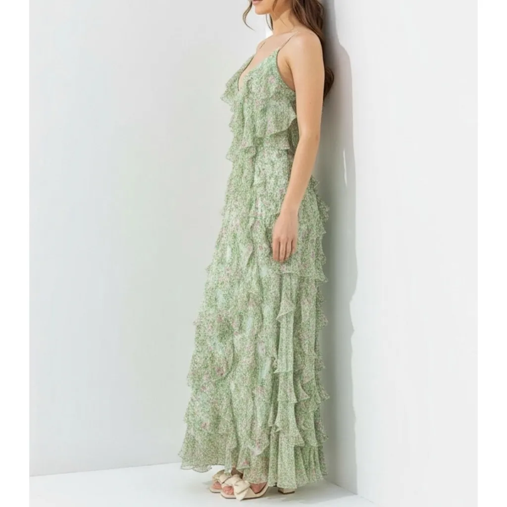 BHLDN Jia Floral Print Bias-Cut Ruffled V-Neck Gown, Light Green, 12 (US) - Image 3